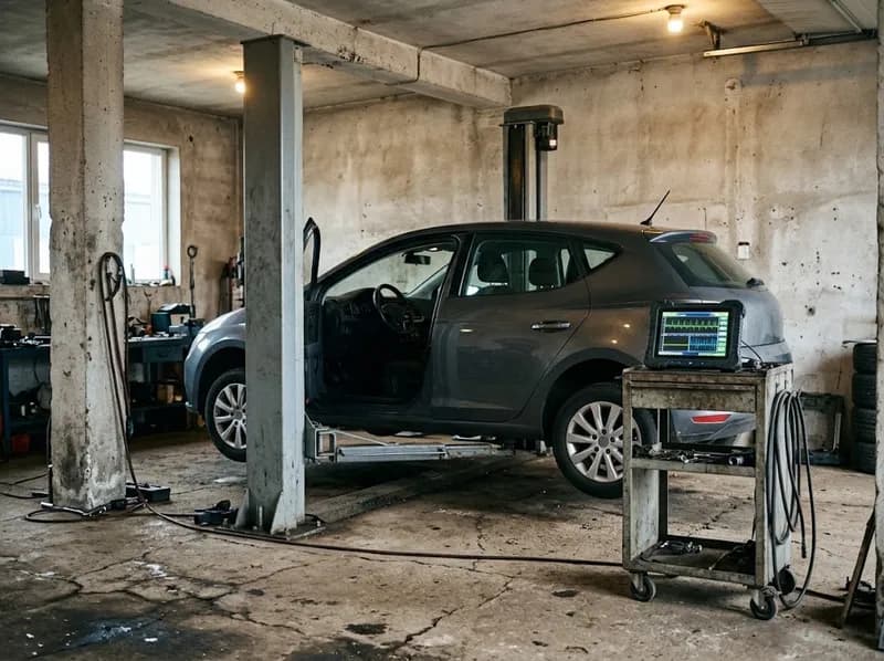 Um carro moderno no elevador com um tablet de diagnóstico ao lado (ilustração de demonstração)