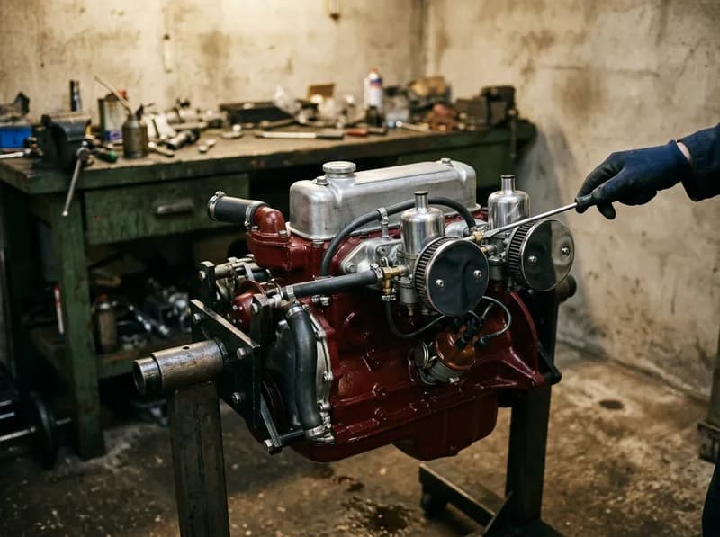 Um motor clássico de quatro cilindros reconstruído, com dois carburadores, num suporte (ilustração de demonstração)